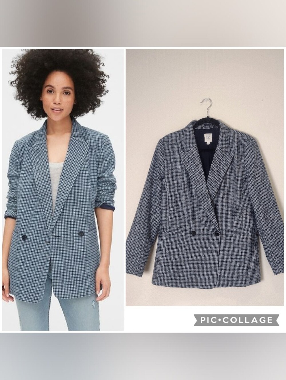 Gap Houndstooth Wool Blend Blazer Double Button Blue Size 12 - Picture 16 of 16